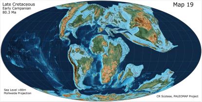 Map showing the position of continents during the late Cretaceous. 